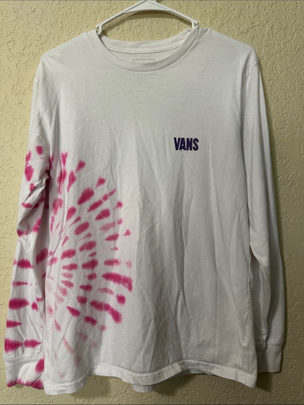 Vans White Long Sleeve Tee with Pink Tie-Dye and Purple Logo S